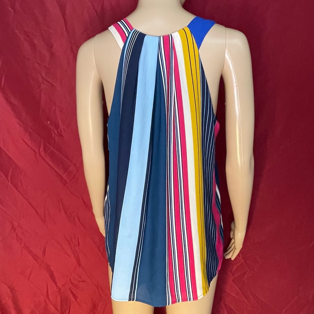 Everly Silky Vertical Striped Pleated Racerback Sleeveless Blouse Medium
